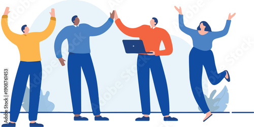 Office people celebrating - Team of businesspeople characters cheering happy with hands in air. Work positivity and friendship concept. Flat design cartoon vector illustration with white background