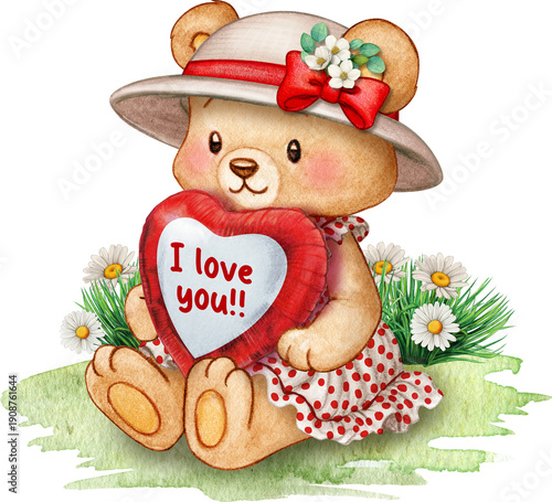 Wallpaper Mural Watercolor hand drawn cute bear with heart balloon Torontodigital.ca