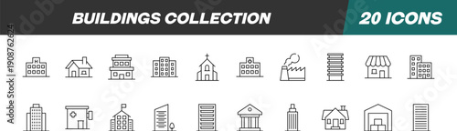 Collection of Icons of Building for Shops and Stores. Suitable for books, stores, shops. Editable stroke in minimalistic outline style. Symbol for design