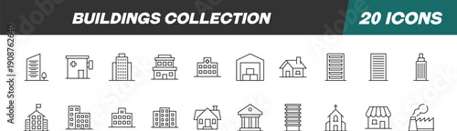 Collection of icons of Building for Advertisement. Suitable for books, stores, shops. Editable stroke in minimalistic outline style. Symbol for design