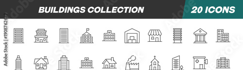 Collection of Line Signs of Building. Suitable for books, stores, shops. Editable stroke in minimalistic outline style. Symbol for design