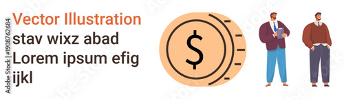 Financial planning, teamwork, economic strategies, wealth growth, saving goals, business collaboration. A dollar coin with two individuals. Financial planning and teamwork concept