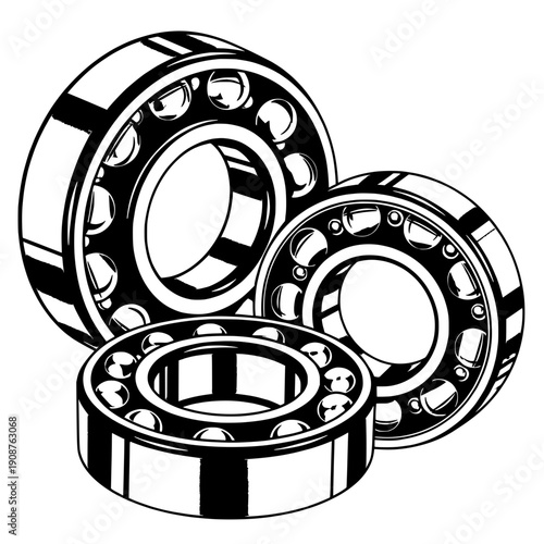 Precision Ball Bearings Cluster Vector Illustration Showing Metallic Sheen and Shields Close-up View