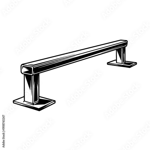 A black and white vector graphic of metal coping on a skateboard ramp from a wide angle