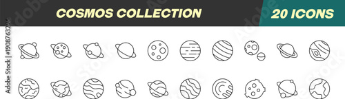 Collection of Line Icons of Cosmos and Planet. Suitable for books, stores, shops. Editable stroke in minimalistic outline style. Symbol for design