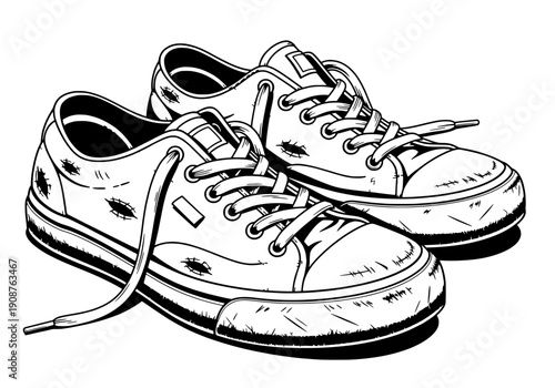 Worn skate shoes illustration with laces and wear, vector graphic design.