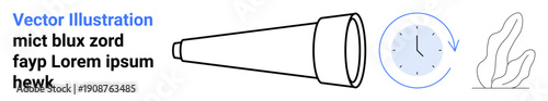 Time management, exploration, discovery, science, nature, future planning. Linear telescope with clock and abstract plant. Time management and exploration concept