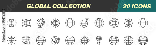 Line Signs of Globe or Planet for Adverts. Suitable for books, stores, shops. Editable stroke in minimalistic outline style. Symbol for design