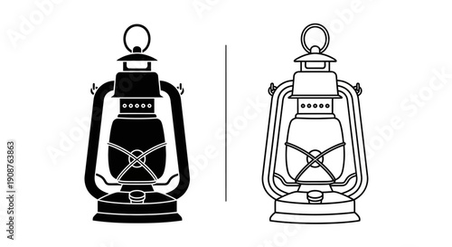Vector black silhouette and outline vintage oil lantern icon, kerosene lamp illustration isolated on white