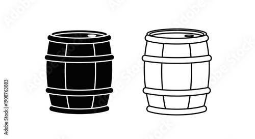 Wooden barrel vector icon set. Black silhouette and outline style, isolated on white