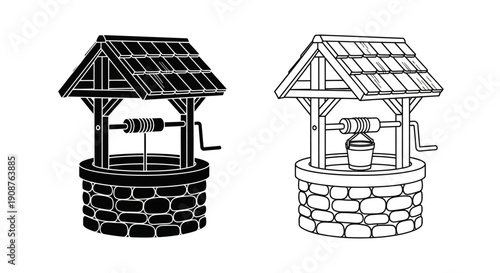 Vector well icon set, black silhouette and outline drawing, stone and wooden structure, isolated on white