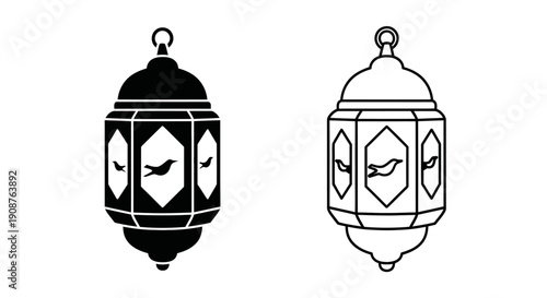 Black and outline Arabic lantern vector icon set, Ramadan Kareem lamp illustration, isolated on white