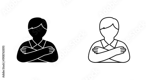 Vector black silhouette and outline icon of person with crossed arms, isolated on white