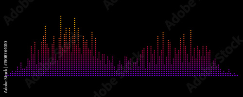 Purple red yellow abstract equalizer shape design. Dotted music sound wave element. Audio radio signal visualization concept. Shining digital voice assistant pattern. Song track sample player. Vector
