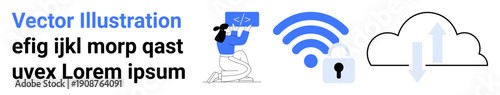 Data security, cloud computing, online connectivity, coding, technology, communication. Person working on code, wireless symbol with lock cloud with arrows. Data security and cloud computing concept