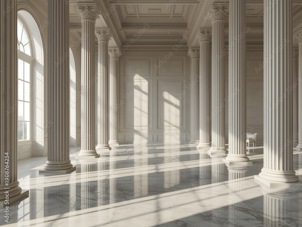 Obraz premium Sunlit neoclassical interior with marble floor and grand columns, elegant palace hall architecture background with soft natural light