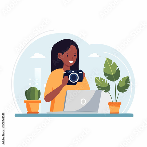 Creative woman with camera and plants using laptop for photography