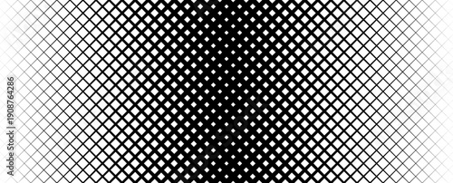 Thick to thin net pattern gradient. Fading grid gradation texture background. Black repeated mesh backdrop for overlay, print, cover, banner, poster. Vanishing overlapping lattice wallpaper. Vector