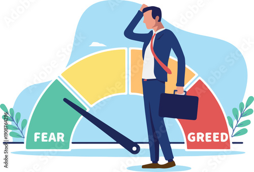 Market fear and greed index - businessman investor person standing scratching head looking at stock market indicator showing fear and uncertainty in economy and finances. Flat design illustration