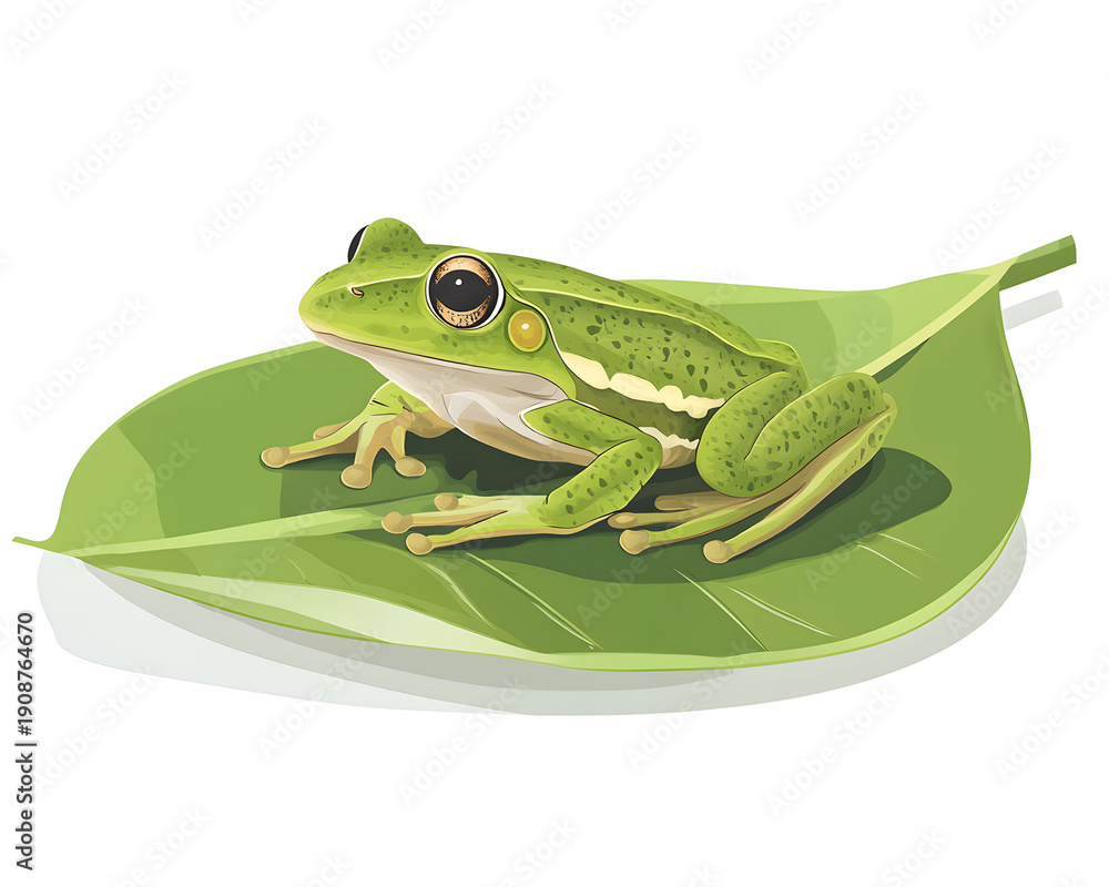 Fototapeta premium Green Frog Sitting on a Leaf A Detailed Vector Illustration on a White Background