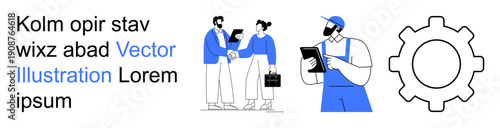 Teamwork, business partnerships, industrial labor, workflow optimization, technology, professional collaboration. Business professionals shaking hands, industrial worker with clipboard, gear icon