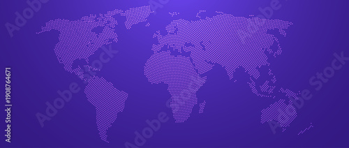 Purple glowing pixel world map concept. Abstract neon dotted line globe worldmap for poster, banner, brochure, flyer, booklet, presentation. Continents infographics wallpaper. Vector illustration