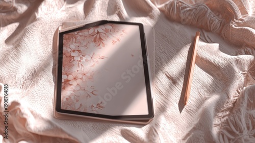 A digital tablet and stylus rest on a textured, light-pink fabric backdrop