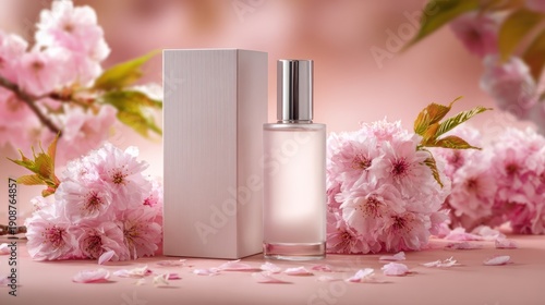 A perfume bottle and box sit amidst pink cherry blossoms. Soft lighting with petals