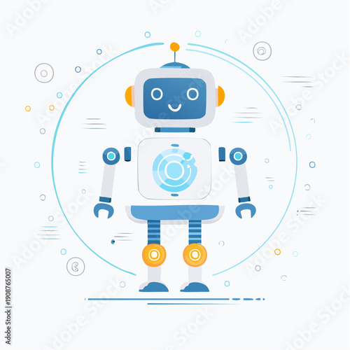 Friendly blue robot with a happy face and circuits on its chest, illustration