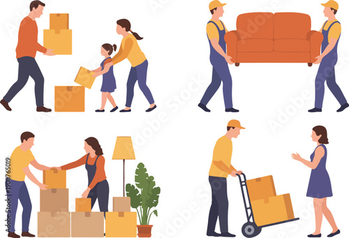 Moving Day Scenes Vector Illustration People Packing, Carrying Boxes, and Relocating Home