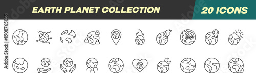 Collection of Line Signs of Earth Planet. Suitable for books, stores, shops. Editable stroke in minimalistic outline style. Symbol for design