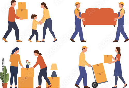Moving Day Scenes Vector Illustration People Packing, Carrying Boxes, and Relocating Home