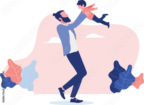 Father playing with child - One single parent having fun , playing, lifting and throwing child up in air. Parenting happiness concept in flat design vector illustration with white background