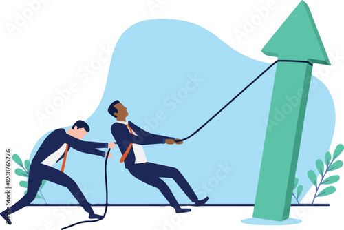 : Work hard for success - Two determined businesspeople changing direction and making recovery of arrow towards growth and profits. Flat design vector stock illustration