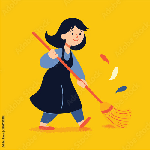 Young girl sweeping with broom on bright yellow background.