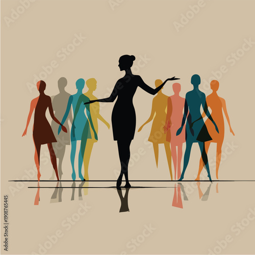 Central silhouette woman leading a group of dancing figures.