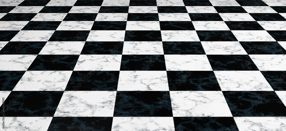 Obraz premium Black and White Marble Checkered Floor Texture in Perspective View. 3D rendering.