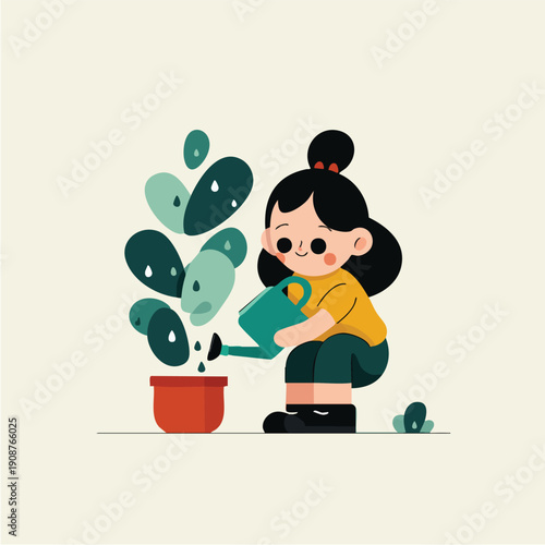 Young Girl Watering a Potted Plant.