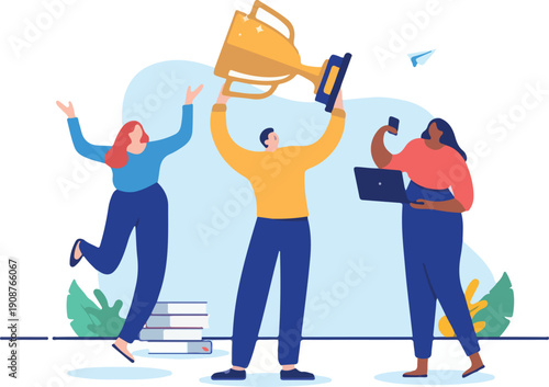 Team winners trophy - Business people celebrating and cheering with the best gold award. Successful teamwork concept, flat design illustration with white background.e