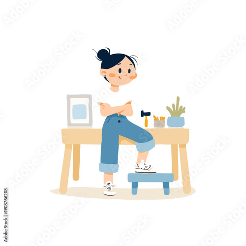 Young woman working at a desk in a playful illustration.