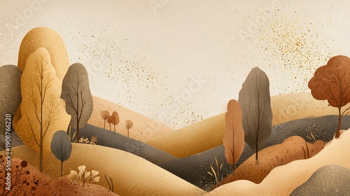 A stylized illustration depicting rolling hills with autumnal colors, creating a peaceful scene