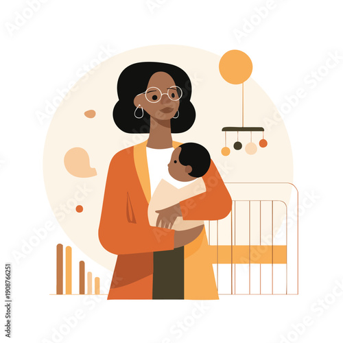 Mother holding baby in indoor scene.