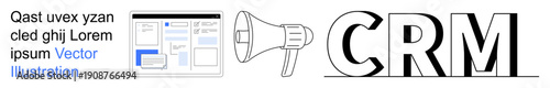 Customer relationship management, marketing tools, business analytics, software solutions, communication strategy, sales optimization. CRM acronym with interface and megaphone. CRM and marketing