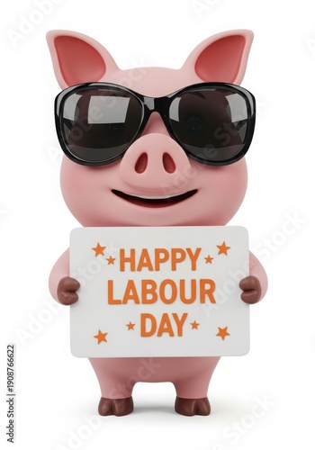 A smiling pig wearing sunglasses on labour day isolated on white background