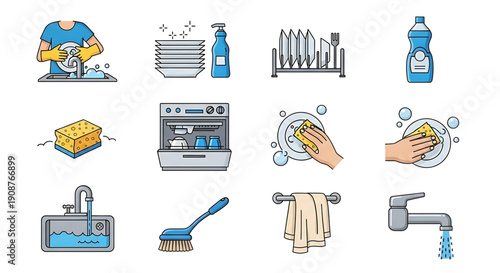 A set of colorful icons depicting various household cleaning tools and supplies