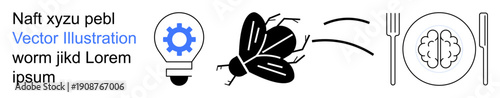 Innovation, technology, artificial intelligence, entomology, creative thinking, neuroscience. Light bulb with gear, flying insect brain on plate with utensils. Innovation and technology