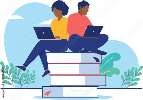 Minority students and education - Two black people sitting on books reading on computer studying and educating themselves. Flat design vector illustration with white background