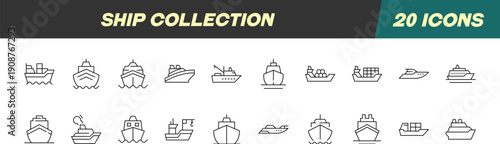 Collection of Icons of Ship for Shops and Stores. Suitable for books, stores, shops. Editable stroke in minimalistic outline style. Symbol for design