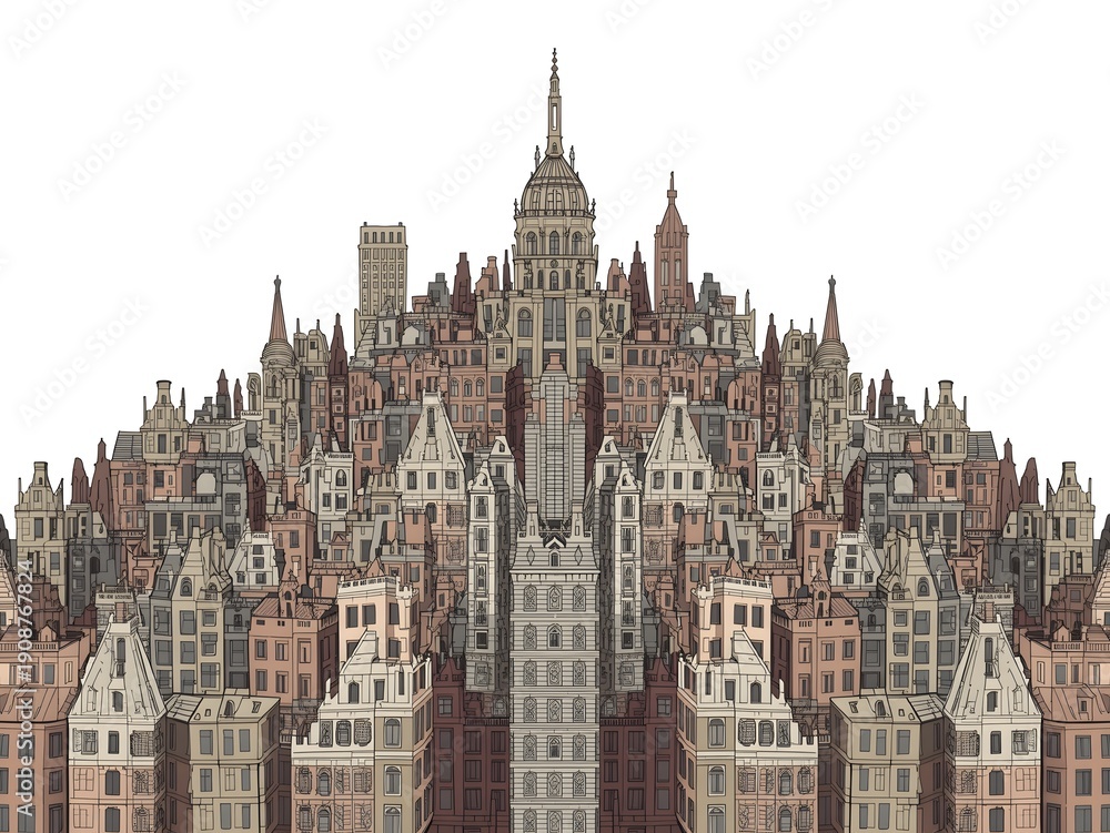 Fototapeta premium Symmetrical City Skyline Reflection with Vintage Architecture in Abstract Mirrored Composition 