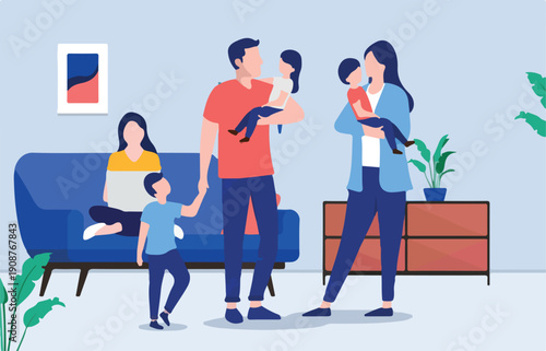 Family with many children indoors in living room. Parenting and raising kids concept, flat design vector illustration.